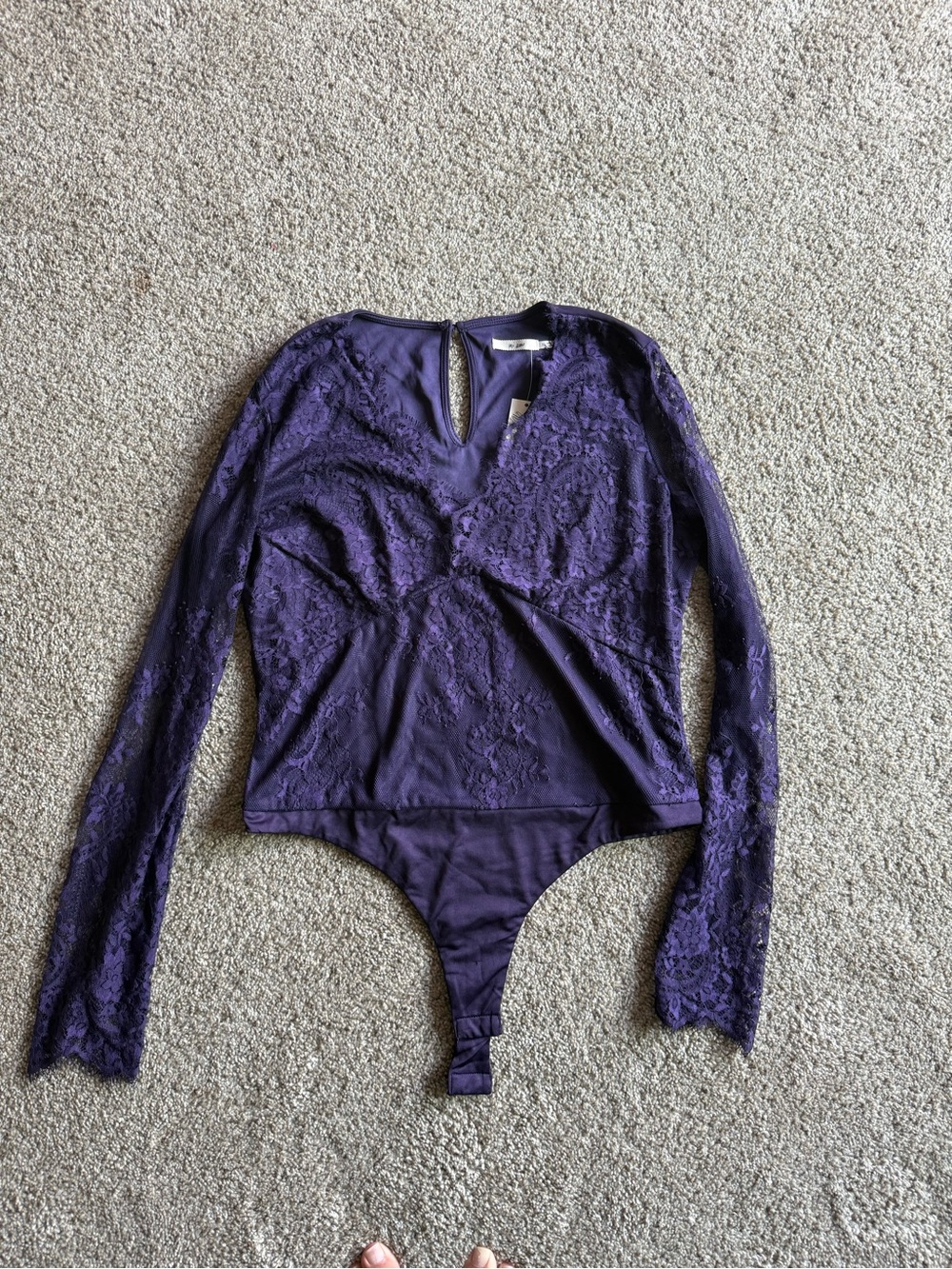 Francesca's Collections Purple Lace Long-Sleeve V-Neck Bodysuit